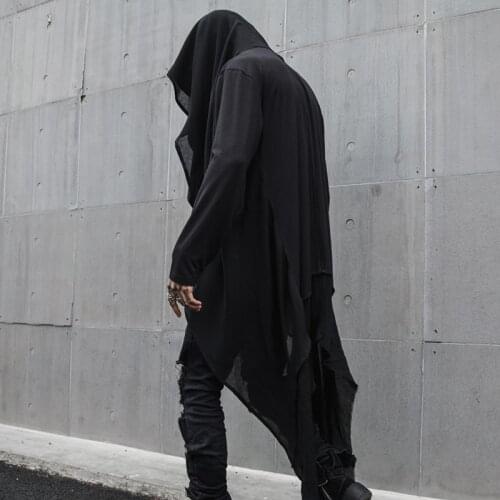 Spring Autumn Hooded Gothic cloak men Open stitch Halloween custom Punk rock Nightclub clothing Solid Black