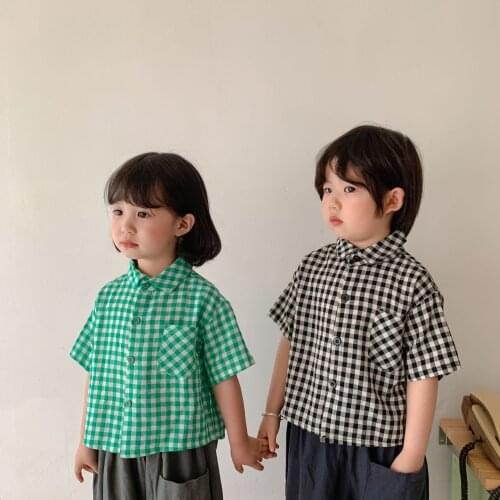 Kids Clothing 2021 New Summer Baby Girls Boys Plaid Shirts Casual Lapel Cotton Blouse for Children Toddler Fashion Shirts 2-7 Y