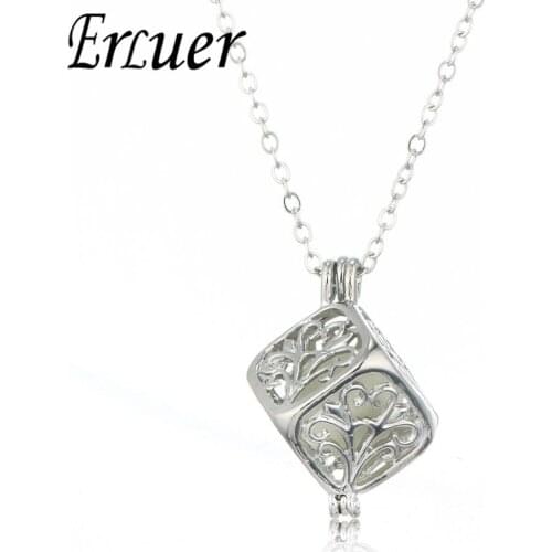 ERLUER Hollow Square Luminous Pendant Necklaces Bead Glowing In The Dark Silver plated Charm Necklace For Women Halloween gift