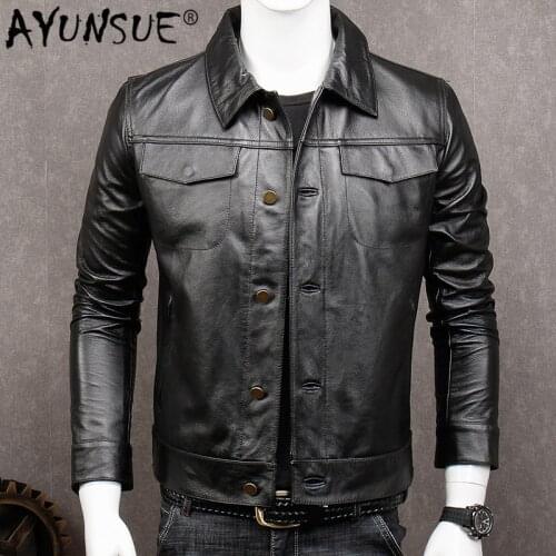 AYUNSUE 2020 Genuine Leather Jacket Men Short Cowhide Leather Coats Spring Autumn 100% Cow Leather Jackets Veste Cuir Homme KJ