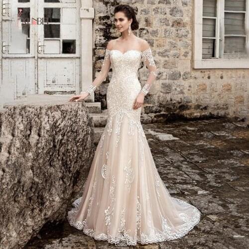 Hot Design Long Sleeves Wedding Dresses Court Train Lace Appliques Tulle Mermaid Wedding Dresses Vestidos De Noiva