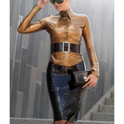 Fashional office lady shirt shiny gold color tight latex blouses with long sleeve design made of 100% real & natural latex