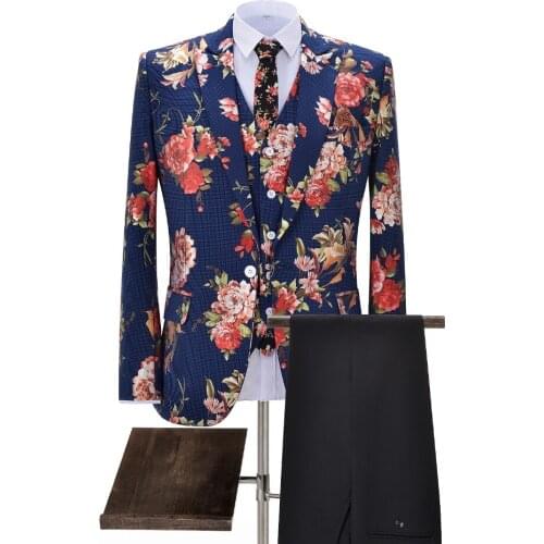 Suit Mens 3-Pieces Business Suits Groom Retro Flower Blue Tuxedos For Formal Wedding Plus Suits(Blazer+Pants+Vest)