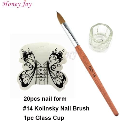 Pro Acrylic Nails Tool Kit Set SIZE no.14 Kolinsky Sable Acrylic Nail Art Brush+20pcs White Butterfly Nail Form+Glass Cup