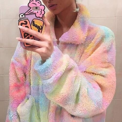 New Tie Dye Teddy Coat Rainbow Women Faux Fur Coats Fluffy Zipper Up Fleece Autumn Winter Thick Sweatshirt