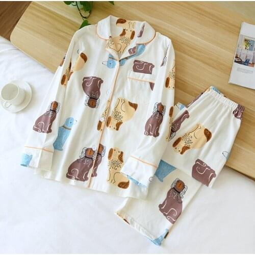 2021 Spring and summer new ladies 100% cotton pajamas autumn cotton ladies long sleeve trousers suit home service knitted suit