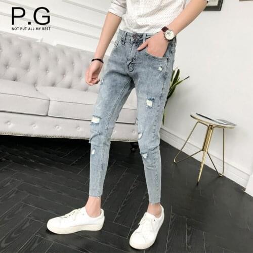 Wholesale Mens summer thin Skinny ripped cropped trousers slim-fit small-footed jeans male Korean tight beggar pencil pants