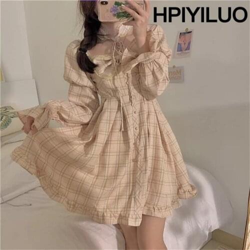 Japanese Lolita Style Autumn Women Princess Dress Square Collar Plaid Bow Fairy Dress Puff Sleeve Cute Kawaii Ruffles Dress