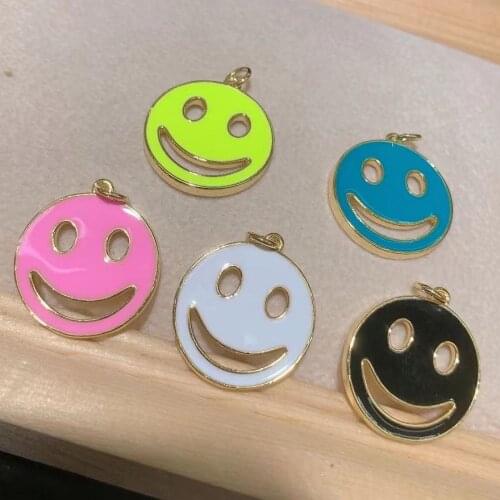 5Pcs New Gold Plated Enamel Smile Smiley Face Charm Pendant, DIY Earrings Bracelet Necklace Accessories