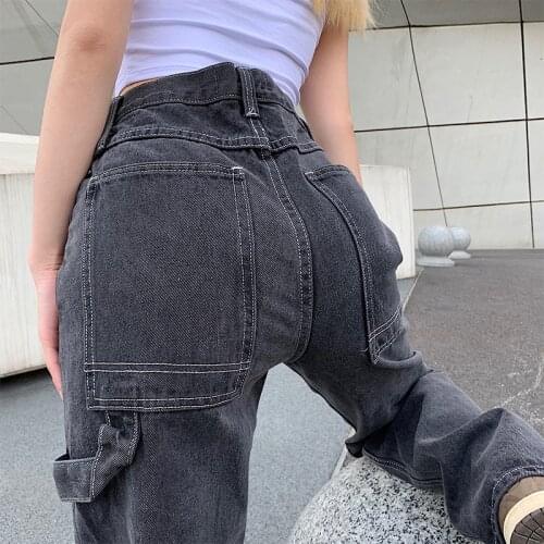 Casual Simple Gray Jeans Women Vintage Loose Fitting Slimming Cargo Pant Trendy New High Waist Pocket Bright Line Denim Trousers