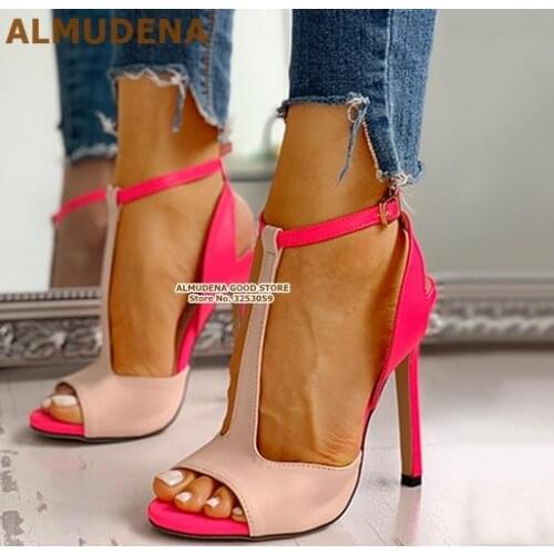 ALMUDENA Pink High Heels T-strap Gladiator Sandals Open Toe T-bar Color Patchwork Pumps Exposed Heel Wedding Shoes Big Size47