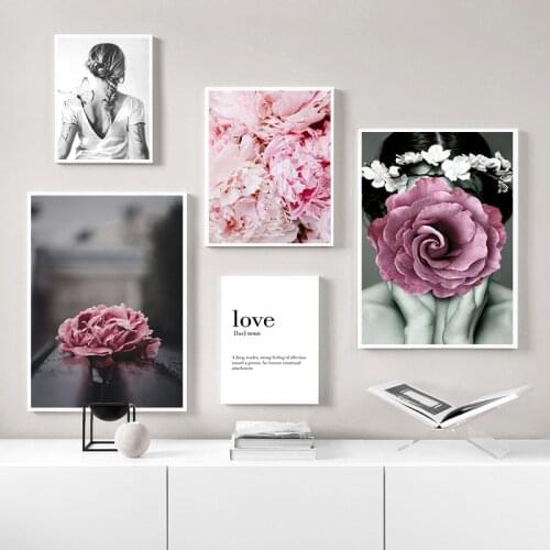 Modern Abstract Girl Wall Pictures For Living Room Pink Peony Flower Love Canvas Printings Poster Decoration Wall Art Painting