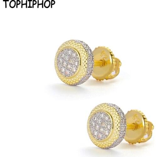 TOPHIPHOP Round Earrings Ice Out Micro-Inlaid Cubic Zircon Gold Silver Earrings Screw Back Buckle Hip-Hop Jewelry Ladies Jewelry