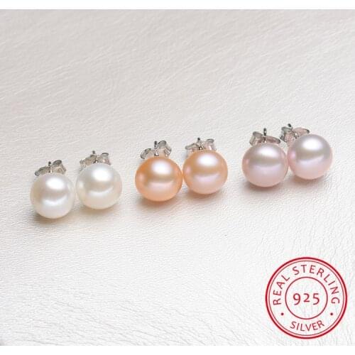 Boho White Pink Pearl Earrings Cute Female 6/8/10mm Round Stud Earrings 100% Real 925 Sterling Silver Earrings For Women Wedding
