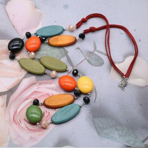 Colorful Wooden Beads Necklace Geometric Long Pendant Jewelry Bohemia Styles