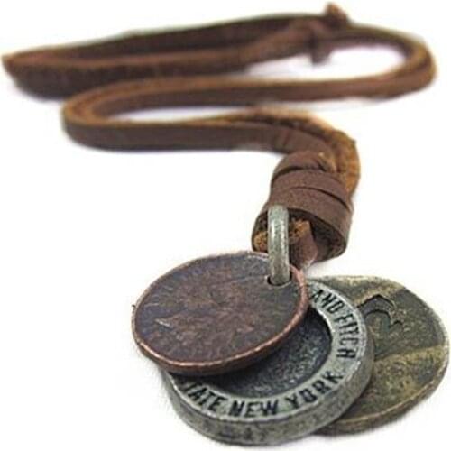 Occident steampunk retro alloy coins pendant male necklace long genuine leather rope necklace for men jewelry 25" adjustable