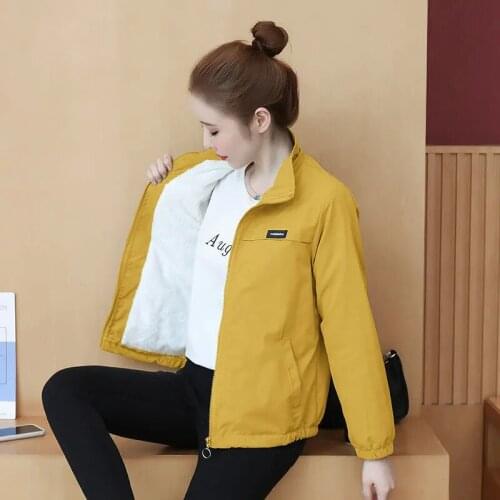 2021Lady Spring Autumn Yellow Short Fleece Jackets Women Long Sleeve Baseball Uniform Jacket Zipper Bomber Jacket Outwear Q131