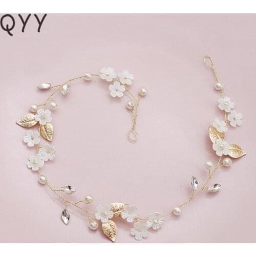 QYY Fashion Newest Austrian Crystal Headbands for Women Gold Color Pearls Flower Wedding Hair Accessories Hair Vine Headpieces