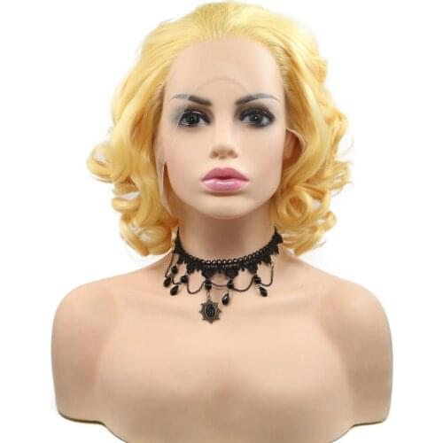 Melody Synthetic Lace Front Short Curly Bob Bright Yellow Wig Heat Resistant Fiber for Women Natural Looking Summer Haircut 14"