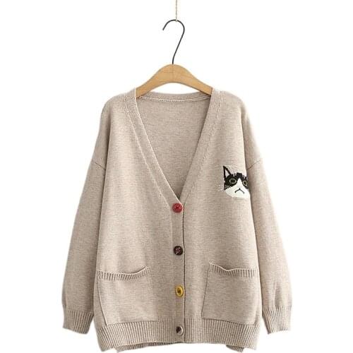 Harakuju Cartoon Cat Jacquard Knit Women Cardigan 2021 Winter Full Sleeve V-neck Korean Fashion Female Kawaii Jumpers Soft Top