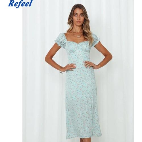 Blue Floral Slim Waist Cross Long Dress Women Backless Summer Dress Heart Collar Split Sexy Dresses Party French