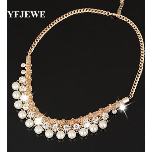 YFJEWE New hot Sale Lady Fashion Pearl Rhinestone Crystal Chunky Collar Statement Necklace Free shipping for women #N090