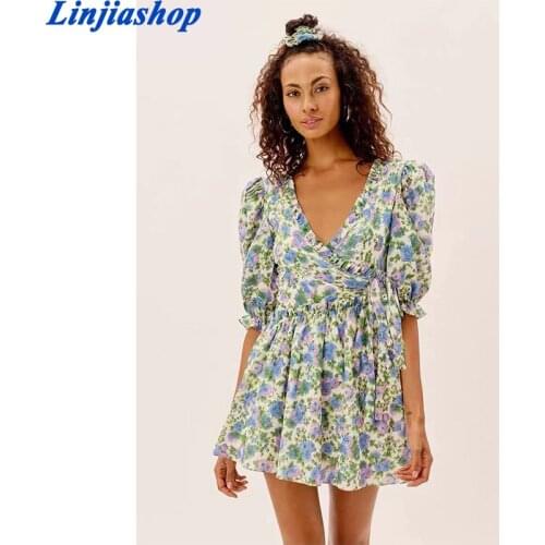New Women Sweet Fungus Romantic Flower Print Dress Ladies Lantern Sleeve V Neck Holiday Party Vestido Mujer Summer Short Dress