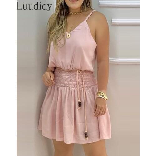Women Shirring Detail Spaghetti Strap Casual Mini Dress