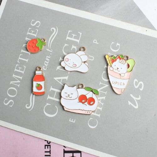 10pcs/lot Fashion Drop-Oil Alloy Pendant Rabbit Cake Cat Strawberry juice Enamel Charms DIY Alloy Earrings Accessories