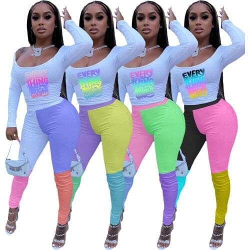 2020 Women Fall Two Piece Set Casual Print Long Matching Colors Women Clothing 2 Piece Slim Sweatsuit Set