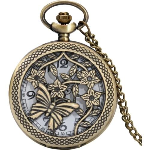 Antique Hollow Butterfly Flowers Floral Rattan Quartz Pocket Watch Old Fashion Sweater Necklace Chain Pendant Gift for Men Women
