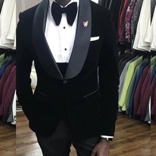 Black Shawl Lapel Velvet Men Suits Costume Homme Wedding Tuxedos Terno Masculino Slim Fit Groom Prom Party Blazer 3 Pieces