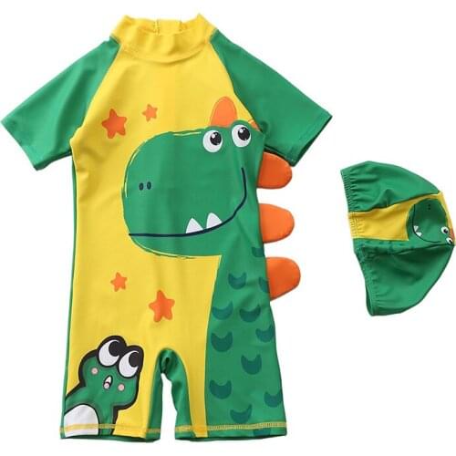 Childrens Swimsuit Boy One-Piece Swimsuit Korea Dinosaur Hooded Swimsuit Long Sleeve Beach Suit Sunscreen Hot Spring Swimsuit