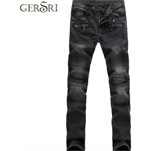 Gersri Men Slim Fit Biker Jeans Cotton Vintage Rock Ripped Elastic Brand Motorcycle Mens Denim Pants Trousers Big Size Je