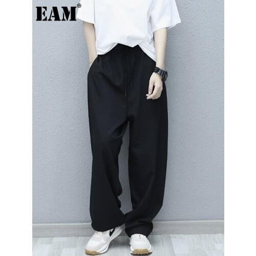 [EAM] High Elastic Waist Black Drawstring Wide Leg Casual Trousers New Loose Fit Pants Women Fashion Spring Autumn 2021 1DD7623