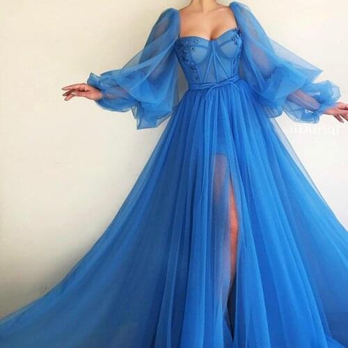 Charming Blue Long Sleeve Tulle A-Line Prom Dresses Sexy Front Split Evening Party Gowns Ceremony Party Prom Celebrity Gown