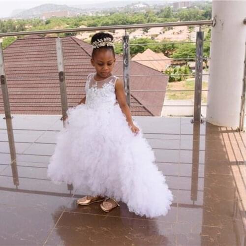 Formal African White Tiered Flower Girl Dresses for Wedding Unique Design Puffy Lace Princess Kids Birthday Ruffle Party Gowns