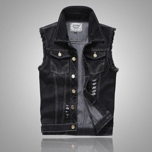 Fashion Mens Vest Korean Style Slim Fit Autumn Sleeveless Destroyed Ripped Denim Jackets Men Punk Style Hip Hop Denim Vest Men
