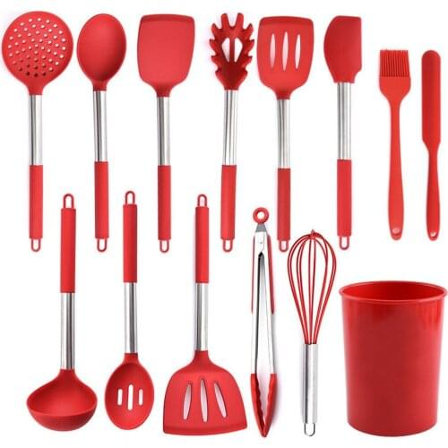 Silicone Kitchen Tools Set Non-stick Cooking Tools Utensils Set Spatula Shovel Soup Spoon with Stainless Steel Handle Organizer