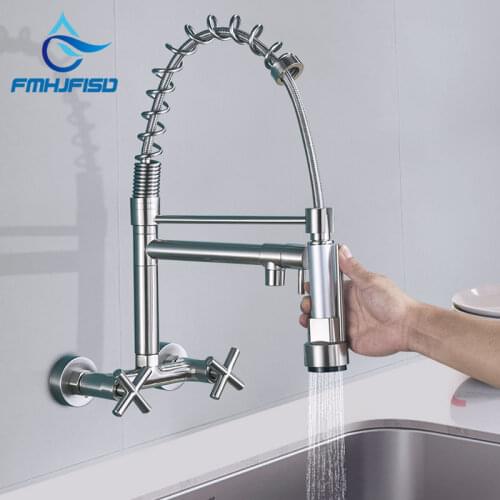 Nickel Black Gold Chrome Wall Mount Spring Kitchen Faucet 360 Rotation Pull Down Hand Sprayer Brass Mixer Taps Cold Hot Water