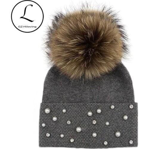 New Arrival 2017 Winter Pom Pom Beanies Hat Pearl Rhinestone Women Knitted Wool Skullies Casual Cap Real Raccoon Fur Pompom Hats