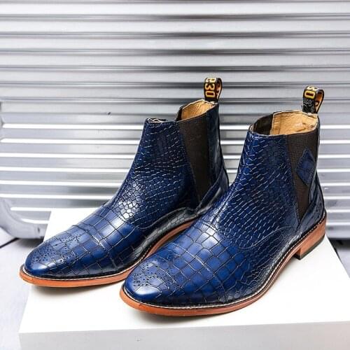 New Italian Style Mens Chelsea Boots Pu Leather Pointed British Crocodile Pattern Blue Black Formal Mens Fashion Oxford Boots