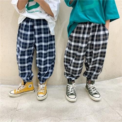 2021 Autumn Boys and girls Plaid Lantern Trousers Cotton Loose Casual Kids Children Casual Pants