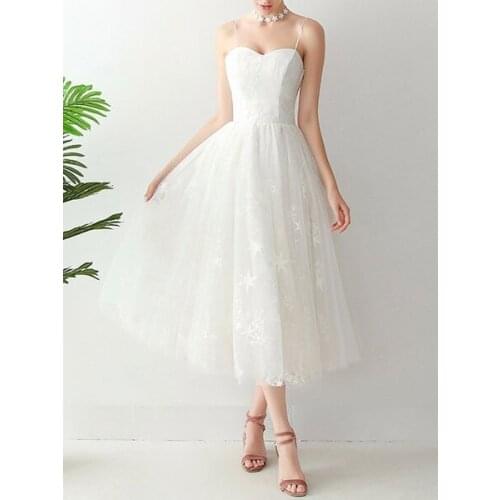 Short Wedding Dress2020 A Line Sweetheart Neck Sleeveless Tea Length Natural Waist Tulle Bridal Dresses