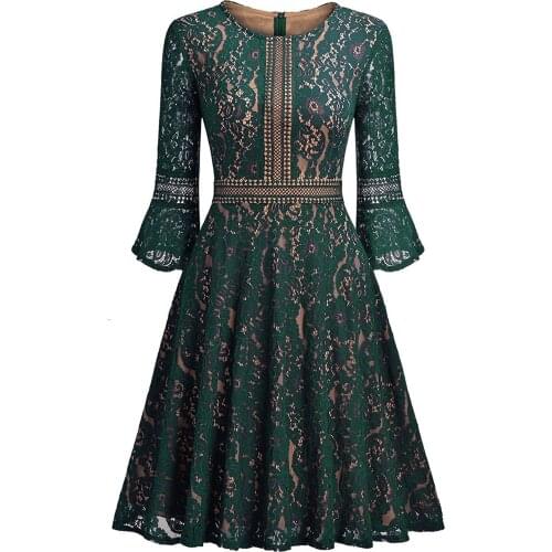 Clearance!!! Makuluya Quality 2XL Three Quarter Sleeve Women Lace O-Neck Lady A-line Grace Solid Color Flare Sleeve Dress L6