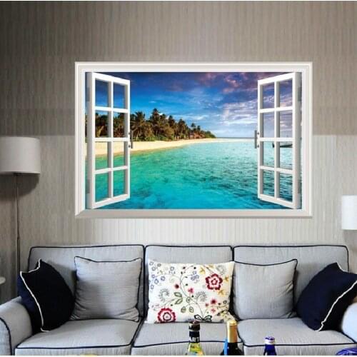 Romantic Sea Shore Scenery Wall Stickers For Store Office Home Decoration Diy 3d Fake Window Wall Mural Art Pvc Decals