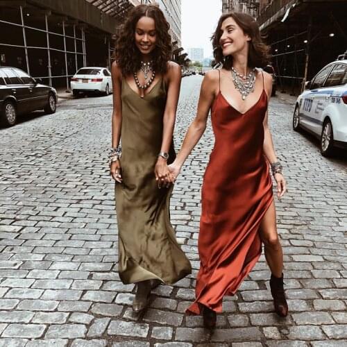 Sexy Satin V Neck Maxi Dress Women Spaghetti Strap Sleeveless Backless Side Split Long Dresses 2021 Spring Lady Vestido