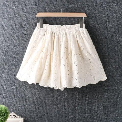New Summer Solid Color Women Shorts Japan Style Mori Girl Elastic Waist Hollow out Embroidery Loose Women Shorts