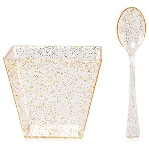 50Pcs Pudding Cups and Spoons with Gold Rim 60Ml Wedding Party Tumblers Gold Bronzing Drinking Cups Bulk Christmas Party