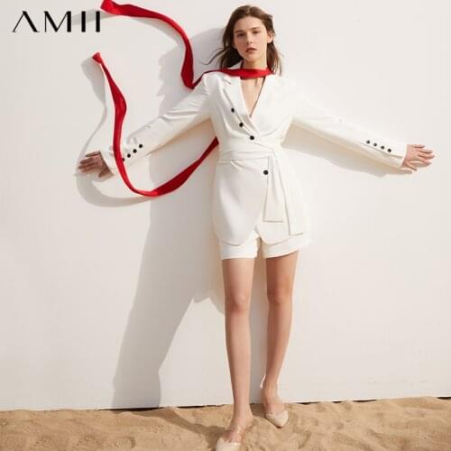 Amii Minimalism Spring Summer Womens Suit Coat Fashion Solid Lapel Belt Blazer Women Causal Solid Womens Shorts 12170084